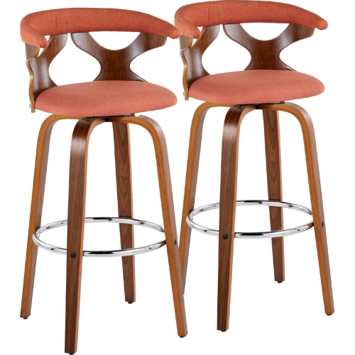 Gardenia 30" Swivel Bar Stool in Walnut Wood & Orange Fabric with Chrome Footrest (Set of 2)